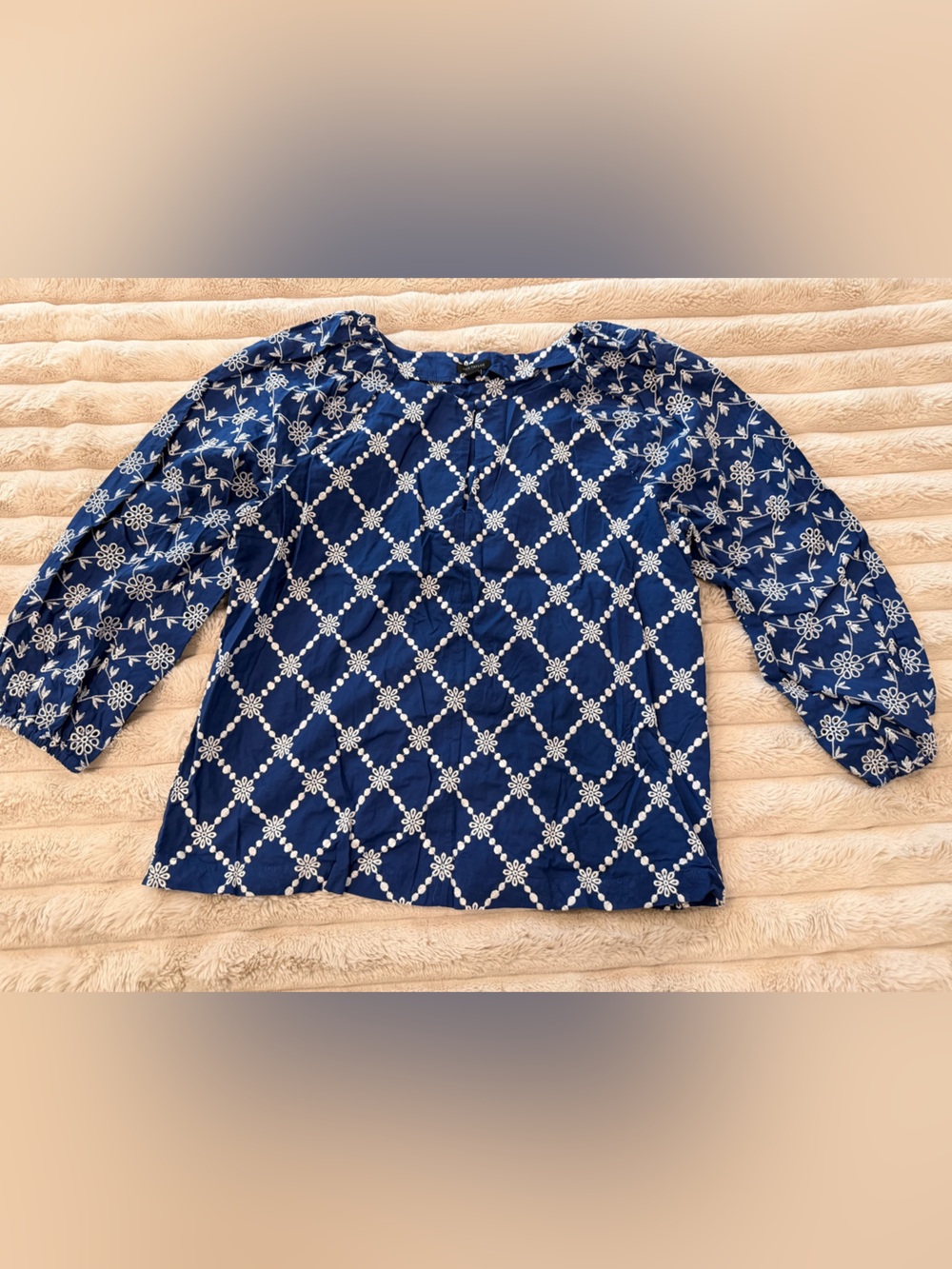 Ann Taylor Blue Floral Lattice Three-Quarter Sleeve Blouse